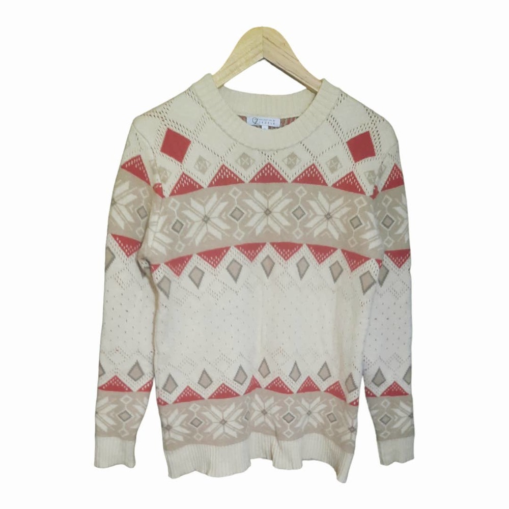 Cezele Womens Cream Red Fair Isle Crewneck Thick Knit Sweater Size Small